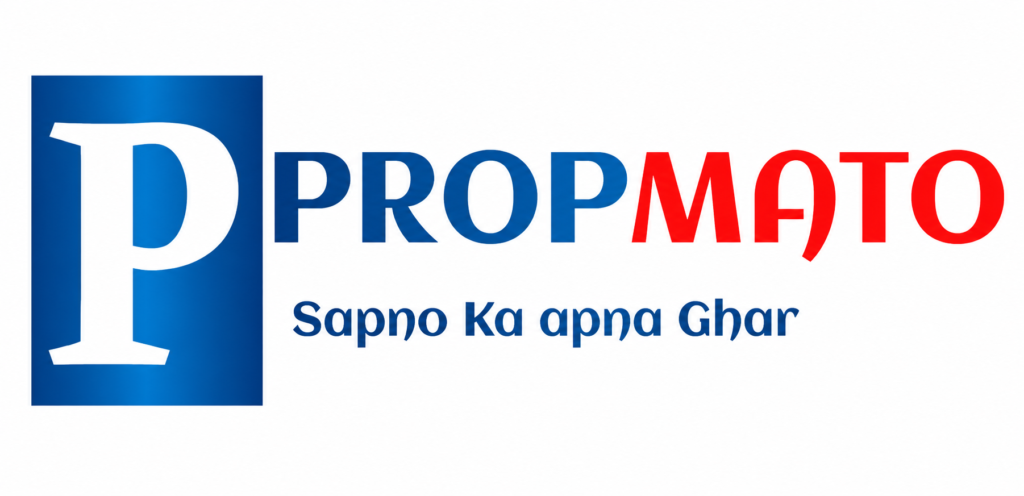 PROPMATO real estate logo with a blue and red brand name, a stylized white “P” inside a blue square, and the tagline “Sapno Ka Apna Ghar,” representing property buying and homeownership services.